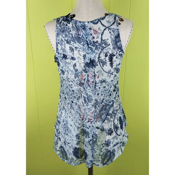 Converse One Star Women's XS Loose Fit Blue Floral Sheer Sleeveless Pleated Top - Picture 3 of 11